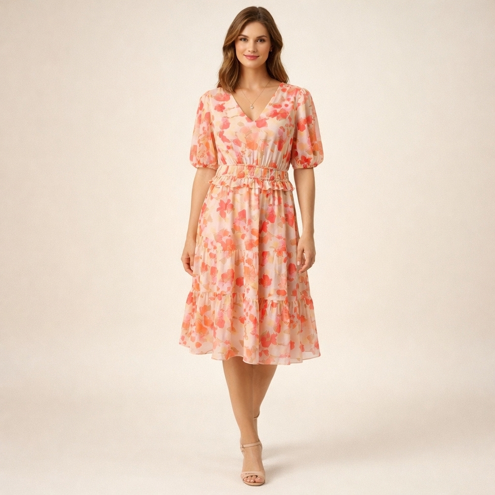 Jessica Howard 14 Plus size  floral chiffon midi dress pockets puff sleeve sheer - Picture 2 of 15